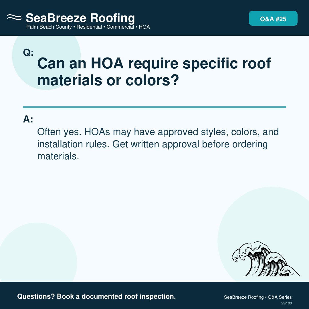 SeaBreezeRoof's tweet image. HOAs often have strict rules regarding roof styles, colors, and installation. To avoid costly mistakes, always secure written approval before you order any materials. We help navigate these requirements for your project. Contact SeaBreezeRoofing to book a roof inspection.