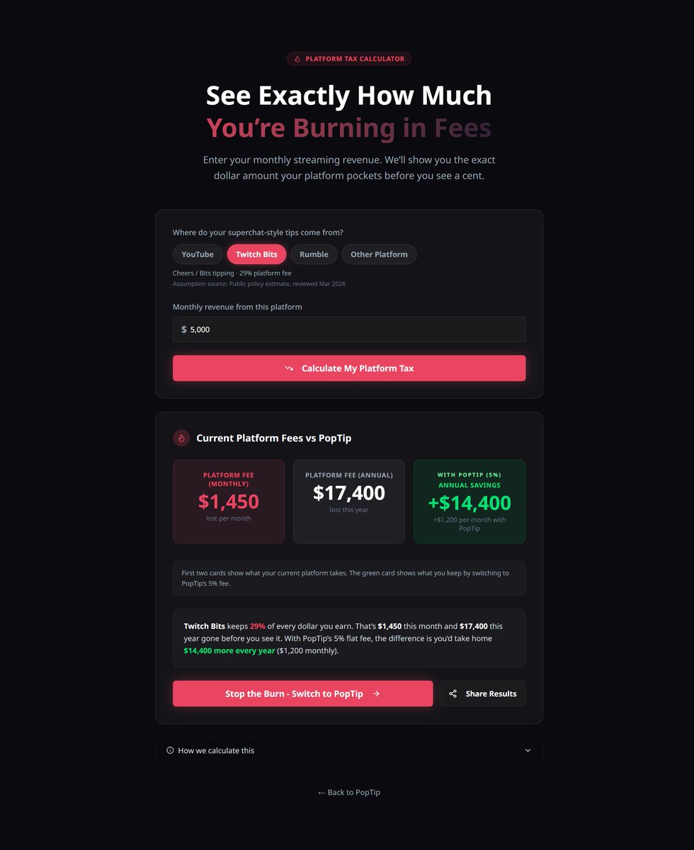 _ofonna's tweet photo. Finally finished the @poptip Tax Calculator. Plug in your monthly Superchat or Bits revenue and see exactly how much you’re losing to that 30% cut. 

Check it here: https://t.co/OVzhHMOVqN 🛠️ https://t.co/QjbVsGPEit
