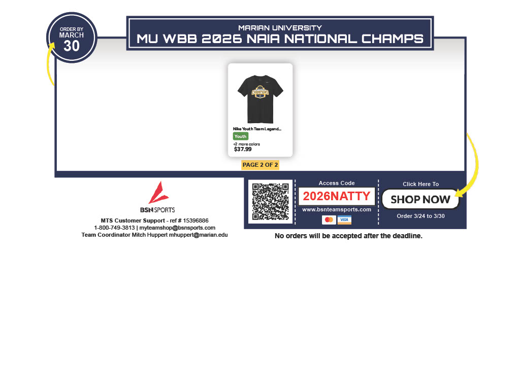 MUKnights's tweet photo. Get your championship gear!!

Last night @MarianUnivWBB won the national title, and you can get the gear to show your support! 

Access Code: 2026NATTY
https://t.co/u1SPOxOO2W https://t.co/k35McYjoSj