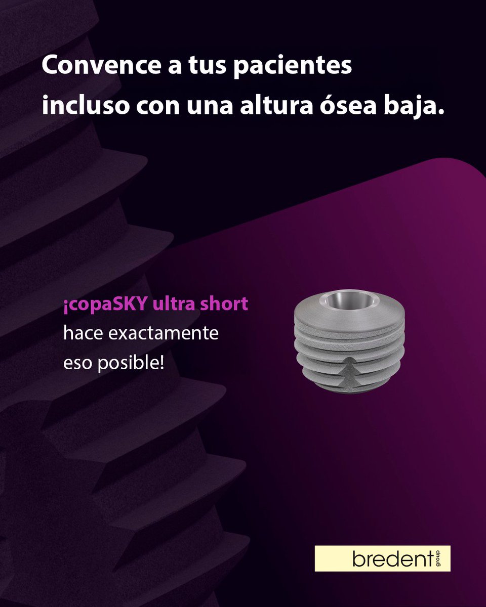 BredentSP's tweet photo. ¿Tus pacientes tienen poca altura ósea?⁣
⁣
Aquí está la solución: copaSKY ultra short también impresiona en casos de baja altura ósea. 

⭐ ¿Ya has implantado con nuestro copaSKY ultra short? https://t.co/bxwEEBxhE5