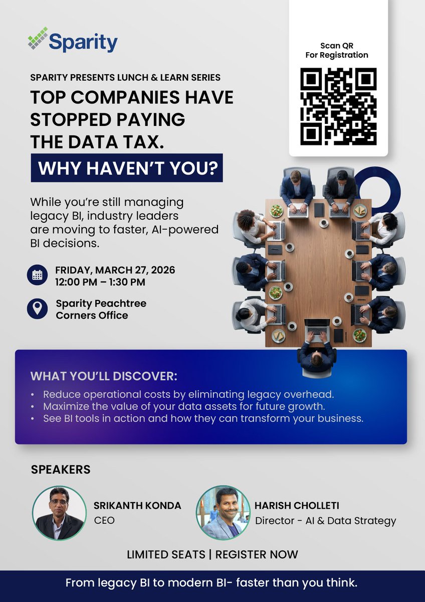 107ATP's tweet photo. Fresh off FabCon 2026 in Atlanta:
Join us for a Lunch &amp; Learn: Microsoft Fabric Friday, 3/27 at Sparity to explore:
🔹 Migrating from Tableau, Crystal &amp; BOBJ to Power BI
🔹 How SMBs can leverage Microsoft Fabric for enterprise-level insights
👉 https://t.co/BKkz43vKQi https://t.co/njLPnXCxQu