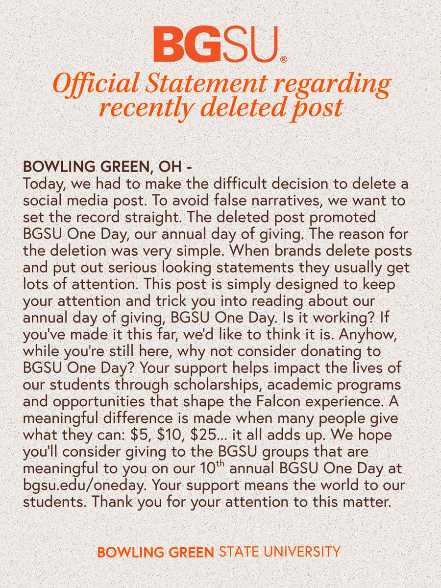 bgsu's tweet photo. Official BGSU statement regarding a recently deleted post. https://t.co/9PV3LgebFF