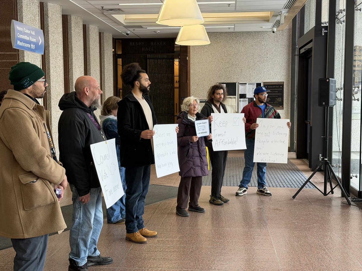 GeoffSmithRadio's tweet image. Today’s #yqr city council meeting will include a final vote on a 10% transit fare hike. Before the meeting advocates rallied hoping to stop it from passing @CJMENews