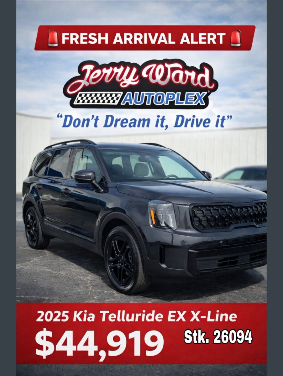 JerryWardAuto's tweet image. 🚨 FRESH ARRIVAL ALERT 🚨
This 2025 Kia Telluride EX X-Line just hit the lot and it’s turning heads 🔥🔥
💰 $44,919
📍 Jerry Ward Autoplex
📞 731-599-1199
Don’t wait… this one won’t last!
#FreshArrival #KiaTelluride #SUVGoals #CarShopping #DontDreamDrive