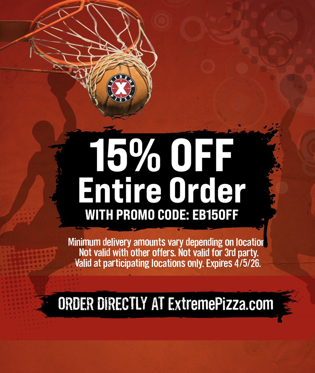 Extreme_Pizza's tweet image. Watch the games and Eat Extreme Pizza! Receive 15% OFF entire order! See promo details on coupon. Valid at participating locations only. Expires 4/5/2026.
#ExtremePizza #pizza #pizzadelivery #lunch #dinner #gameon #basketball #march #marchmadness #spring #dinner #fun #friends
