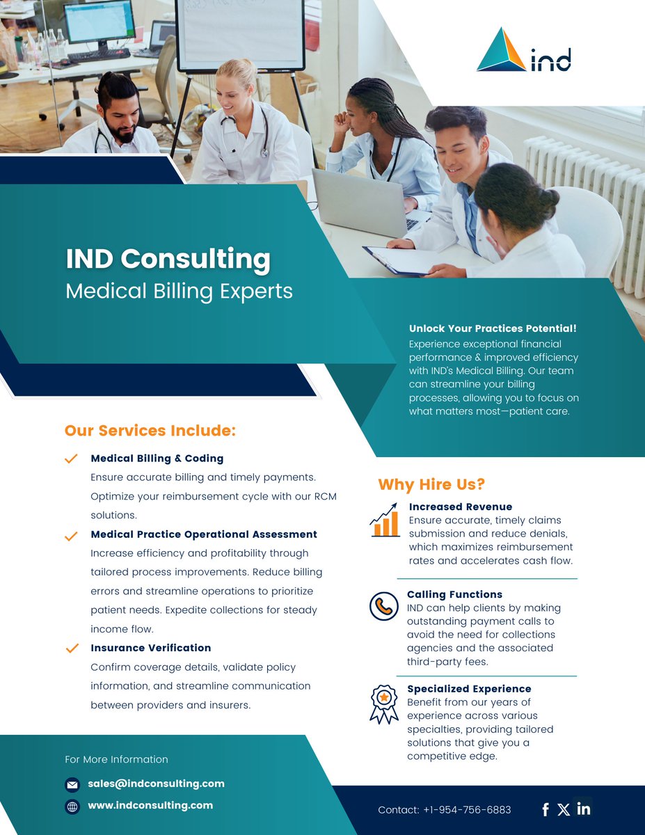 indconsulting's tweet image. Simplify your revenue cycle with IND Consulting. Our medical billing services ensure accurate claims, faster reimbursements, and less administrative stress so you can focus on patient care.

#medicalbilling #indconsulting