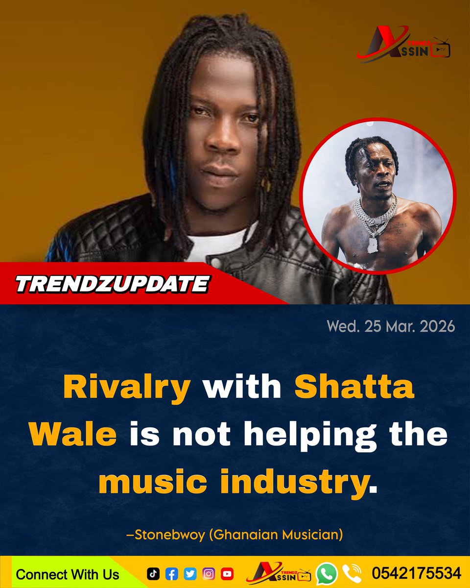 AssintrendzTv's tweet photo. The rivalry with Shatta Wale is not helping the music industry…- Stonebwoy 

#assintrendztv #trendzupdate #trendingnow #trendingpost #NewsUpdate #NewsAlert https://t.co/nwOfDEIGXY
