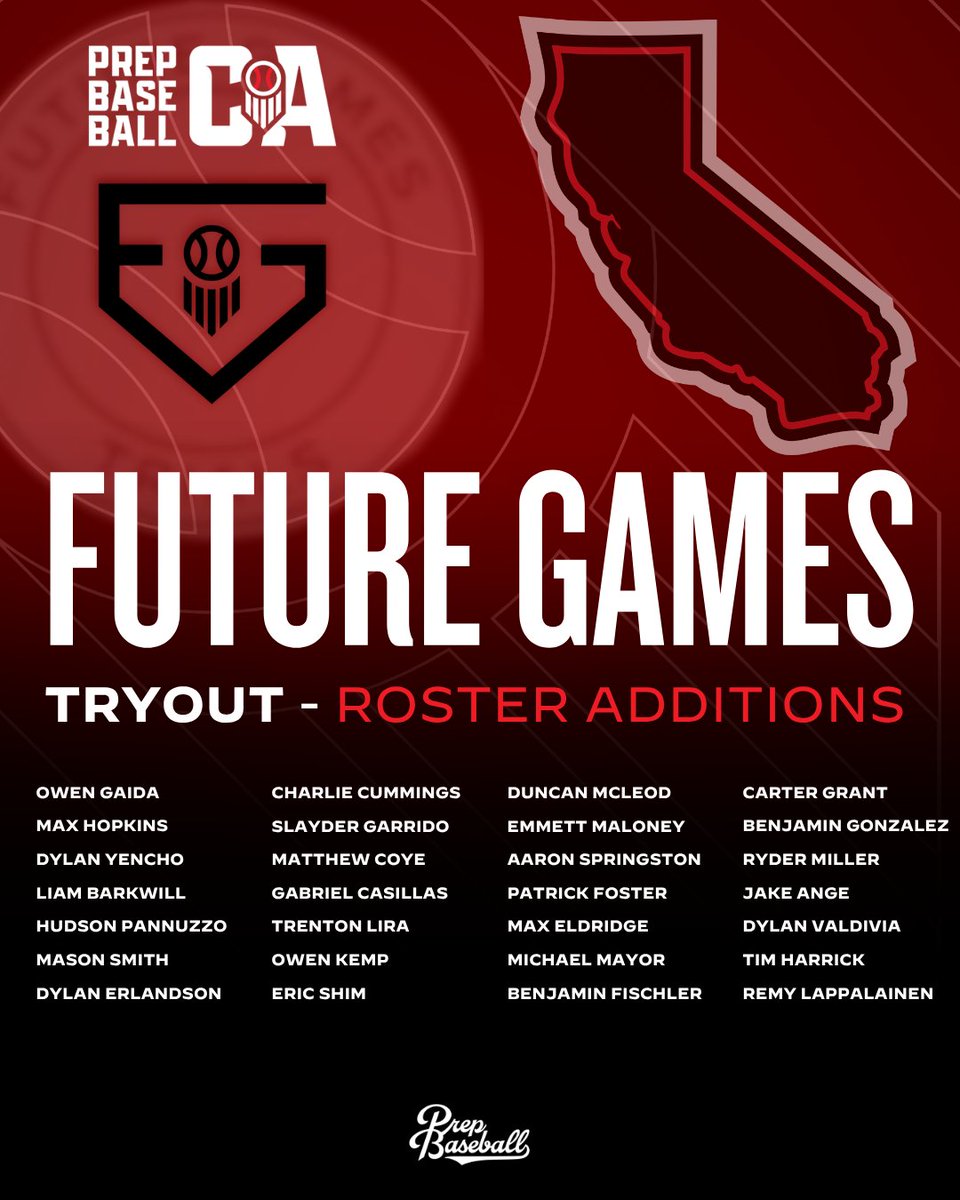 PrepBaseballCA's tweet photo. ⚾ 𝗙𝘂𝘁𝘂𝗿𝗲 𝗚𝗮𝗺𝗲𝘀 𝗧𝗿𝘆𝗼𝘂𝘁: 𝗥𝗼𝘀𝘁𝗲𝗿 𝗔𝗱𝗱𝘀 ⚾

We welcome these 2️⃣ 8️⃣ to our FGT tryouts
📆 : 5/30 - 5/31 = '28 grads (SD / Malibu / NorCal)
📆 : 6/7 = '27s Senior Future Games (Hart Park in OC)

Earn your spot on #TeamSoCal / #TeamNorCal / #TeamWestCoast

🔗 to request invite/register: https://t.co/9UlXXwO3MU