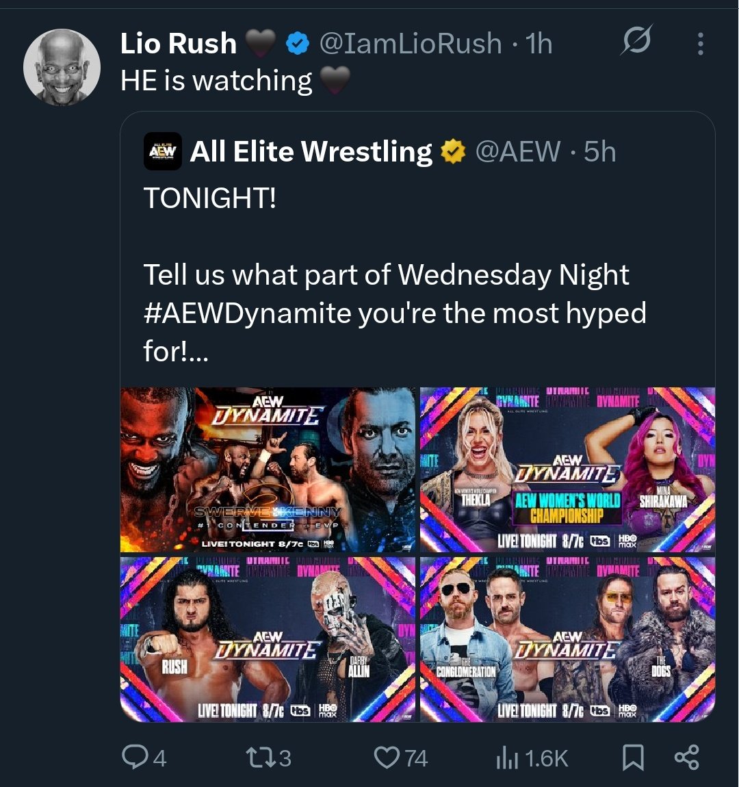 All the views for <a href="/IamLioRush/">Lio Rush 🖤</a> this week and hes "watching" instead of performing tonight?

I geuss Tony didnt learn from the  <a href="/DanhausenAD/">Danhausen</a> fumble 

#AEWDynamite