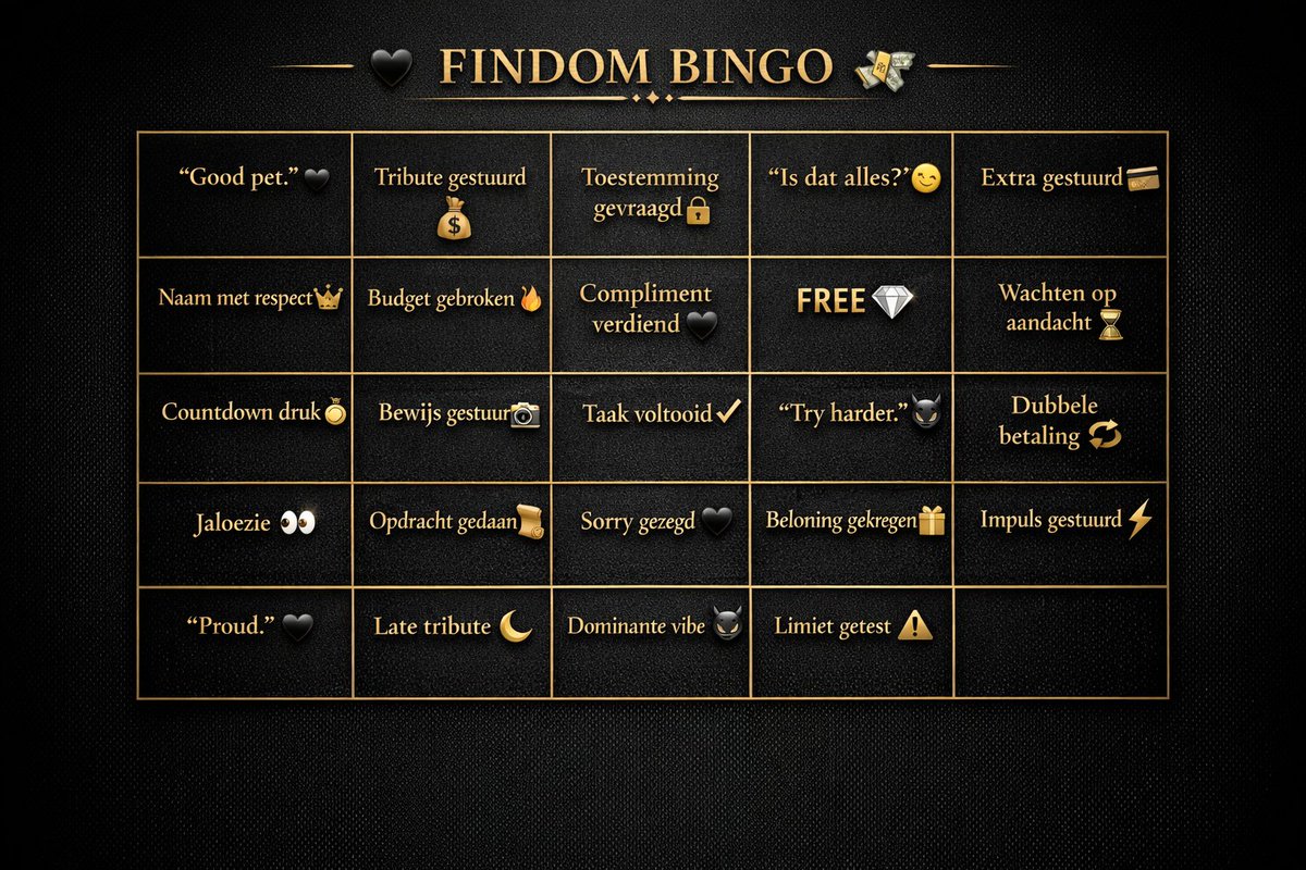 GoddesDenise29's tweet photo. Bingo bingo bingo
Hou jij van spelletjes?
Bingokaartje €30,-
Dm voor bingokaart + uitleg.
Niet geschikt voor valsspelers.
#Findom #FinDomme #PayPig #CashSlave #MoneyDomination #HumanATM #SpoilMe #ShoeFetish #FootFetish #tikkieslaaf #findomnl https://t.co/R4ofblZKwm