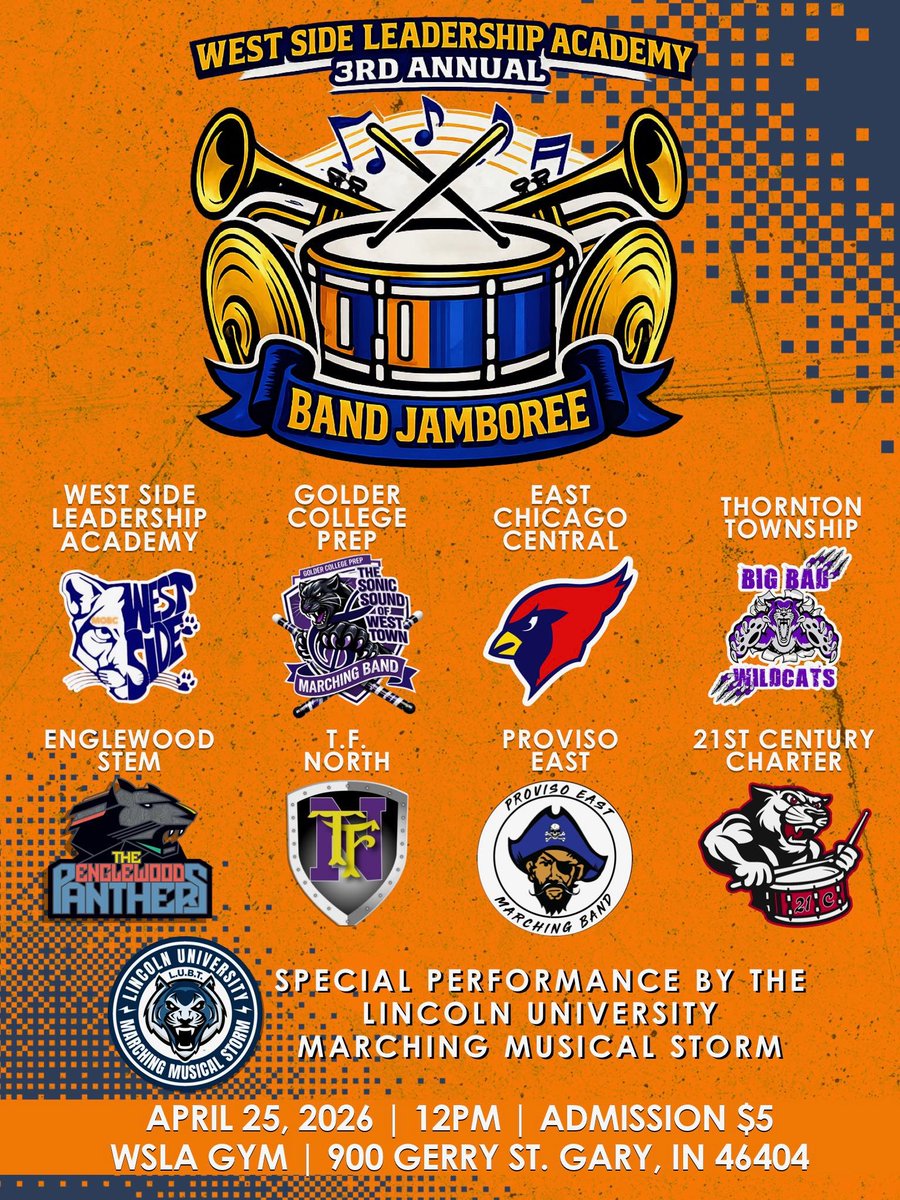 ChicagoLincoln's tweet photo. The @StormMarching #LUBT 💙🐯🥾🎵🎶🌪️will be "coming through" next month to Gary, IN for a special appearance at the West Side Leadership Academy 3rd Annual Band Jamboree! 🥁🪇🎷🎺🎵🎹🎶 

So please come out and show your @LUBlueTigers LUve and support! https://t.co/AzQCdD3cDB