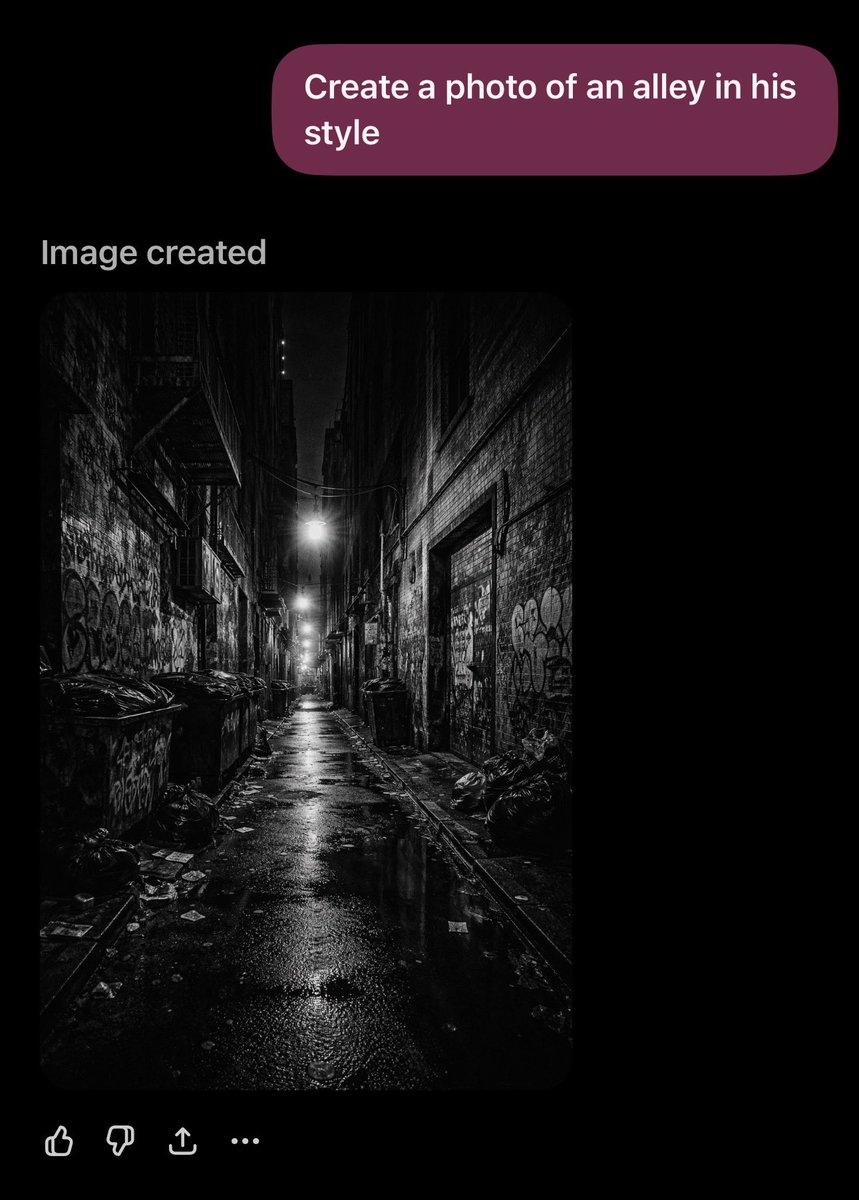 Hellblazer's tweet photo. I fed ChatGPT some of my street photos. I then asked it to create a photo in my style. It did a pretty good job of it. 

Scary. https://t.co/kdGiTQ3iiL