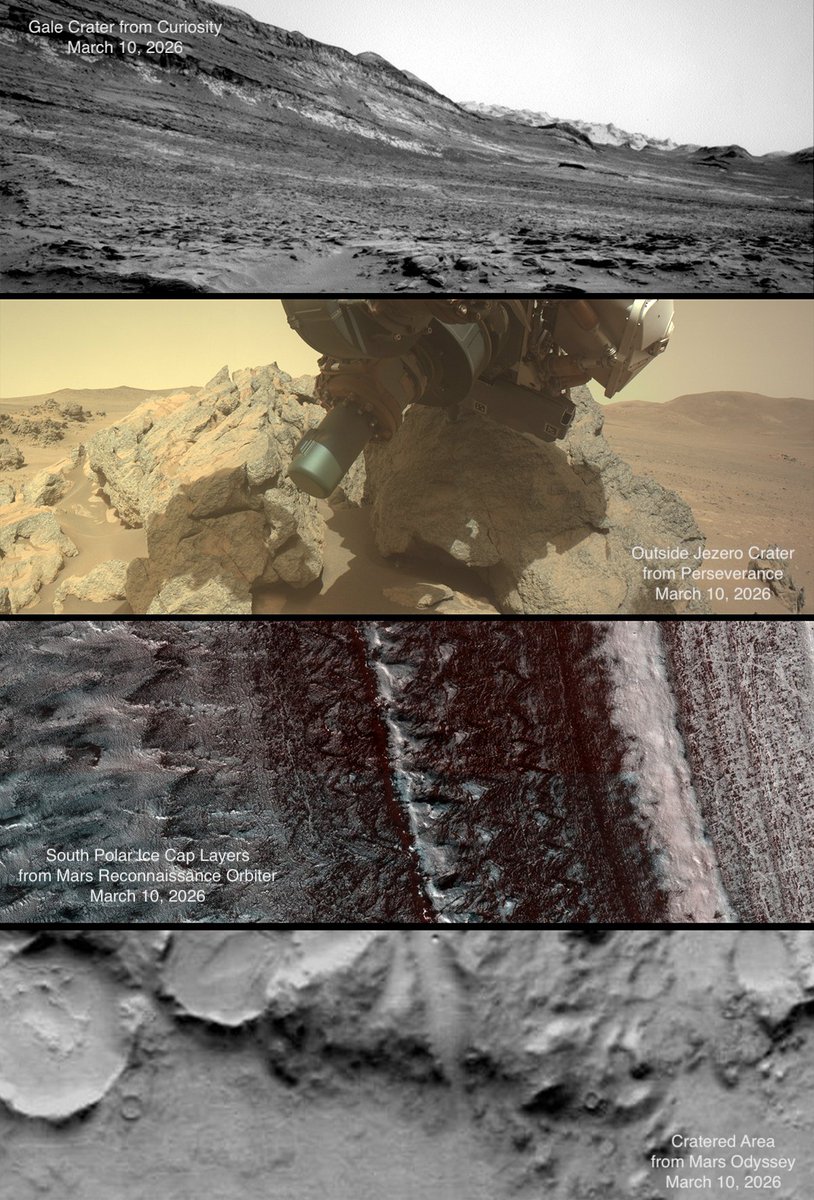Four-panel mosaic showing Mars surface images from different NASA spacecraft on March 10, 2026