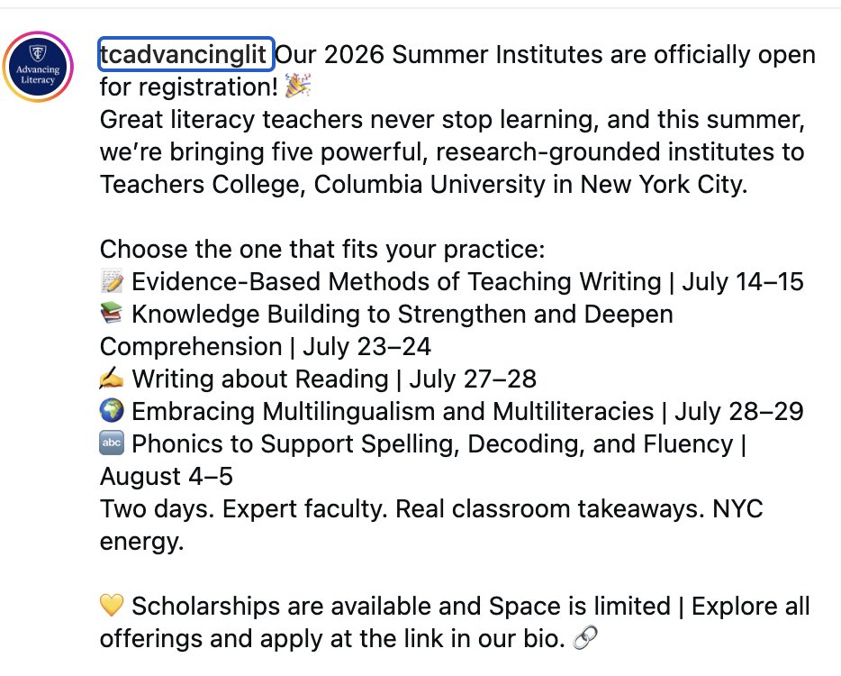 TCAdvancingLit's tweet image. Come sign up for summer learning to help you prepare for the 2026-2027 school year ahead! 

advancingliteracy.tc.columbia.edu/events?grades=…

#Education #Teachers #Literacy #ProfessionalGrowth #ProfessionalDevelopment #SummerLearning #READing #WRITing
