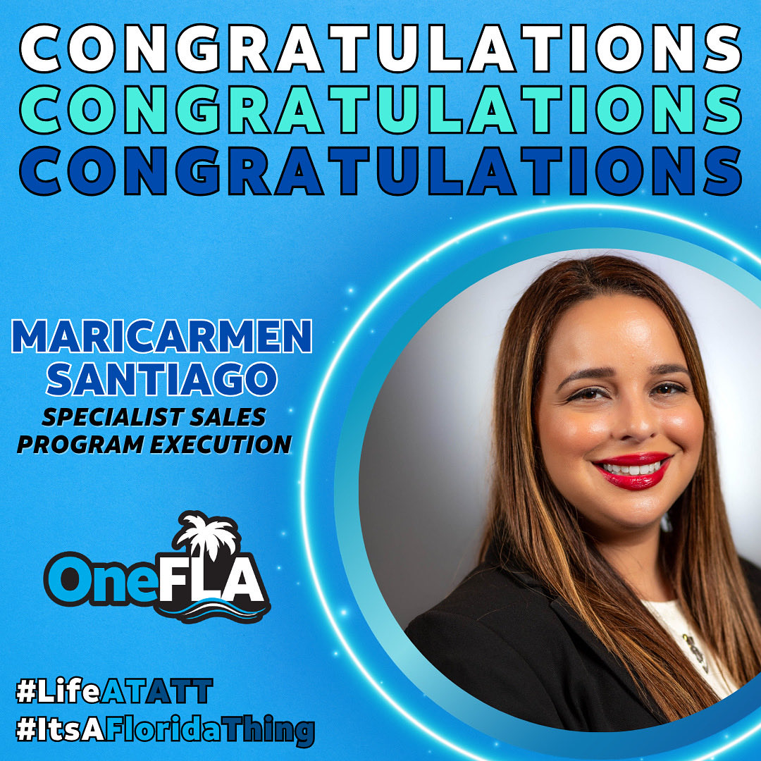One_FLA's tweet image. 🎉 Exciting News! 🎉 

We are thrilled to welcome Maricarmen Santiago as the new SR Specialist Sales Program Execution Lead supporting team Roarlando! With her energy, skills and diligence, great things are ahead! Congrats Maricarmen!

#OneFLA ! 😎🌴#LifeAtATT #ItsAFloridaThing