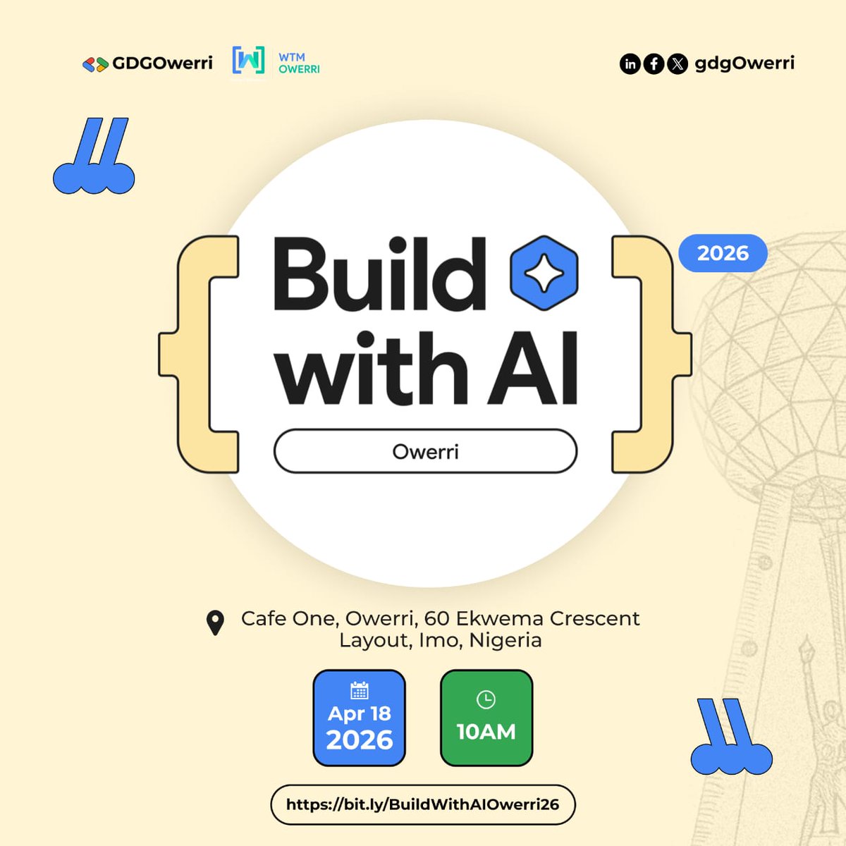gdgowerri's tweet photo. Owerri, it’s time again!

We’re bringing the community back together for Build With AI 2026 — bigger, smarter, and more impactful.

📅 April 18 | 10AM
📍 Cafe One, Owerri

No more watching from the sidelines.

Secure your spot: https://t.co/2TytsmoeYG

#GDGOwerri #BuildWithAI https://t.co/qVSyhC7xDE