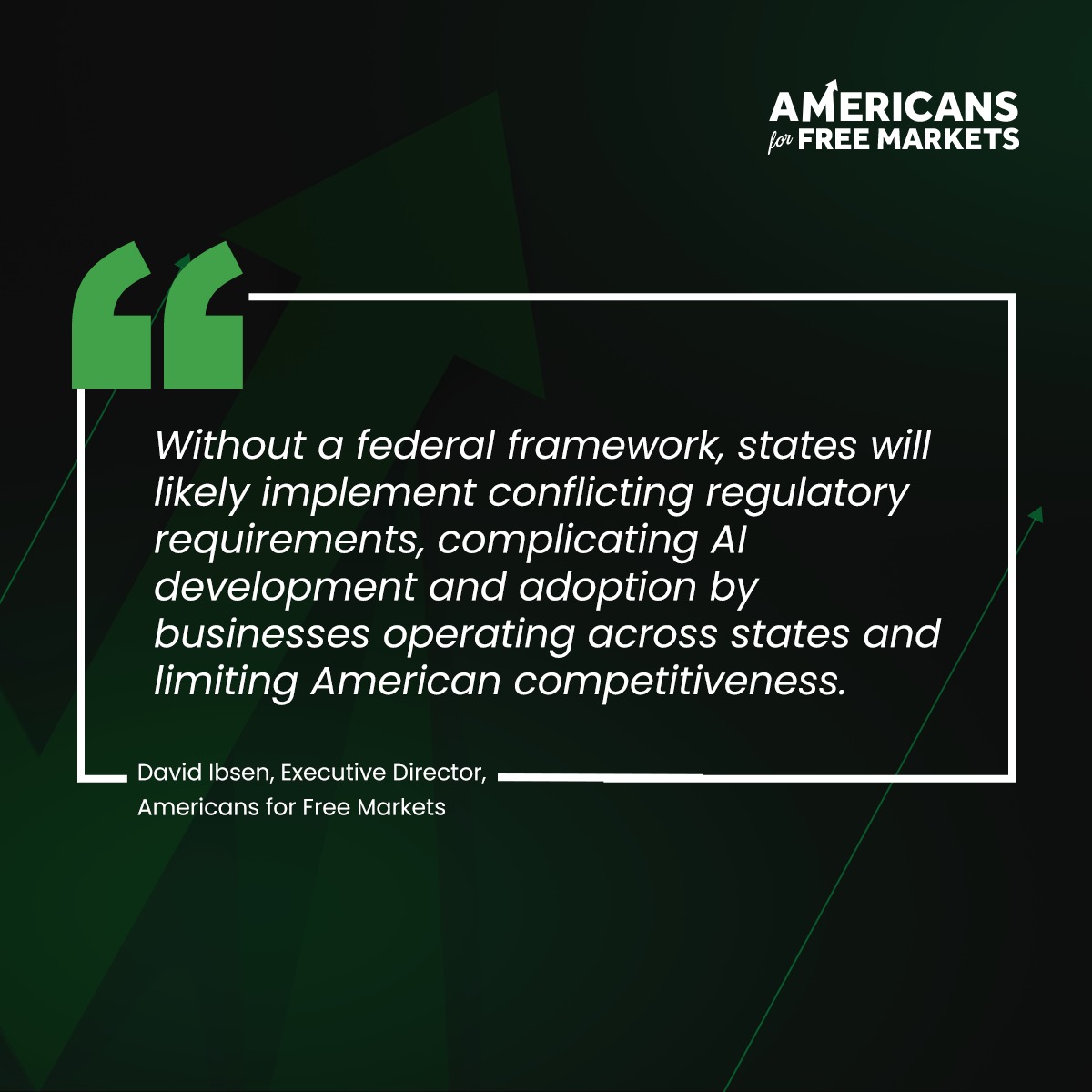 ForFreeMarkets's tweet photo. .@POTUS’ market-driven AI framework supports innovation while setting clear, consistent guidelines across the U.S.

Without a federal standard, conflicting state laws could slow growth and weaken our nation’s competitive advantage.

More on why we’re applauding the framework: