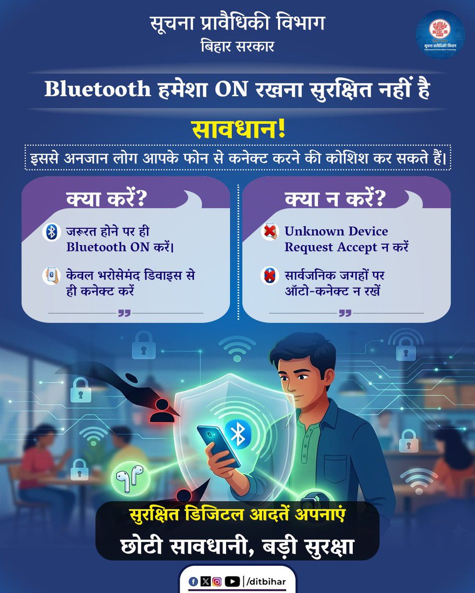 DitBihar's tweet image. क्या आपका Bluetooth हमेशा ON रहता है? 

डिजिटल दुनिया में एक छोटी सी लापरवाही आपके डेटा को खतरे में डाल सकती है।

✅ Bluetooth को हमेशा ON न रखें
✅ केवल जरूरत पड़ने पर ही इस्तेमाल करें
✅ Unknown डिवाइस से कनेक्ट न करें

सतर्क रहें, सुरक्षित रहें।

#bihargovernment #dit