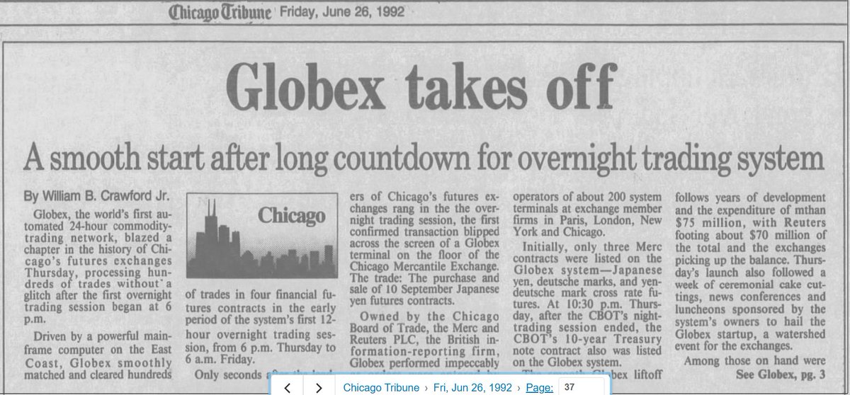 NinjaTrader_Jim's tweet image. Globex takes off
Chicago Tribune - Fri, Jun 26, 1992
"Processing hundreds of trades"🤣You've come a long way baby.  @cmegroup #futurestrading