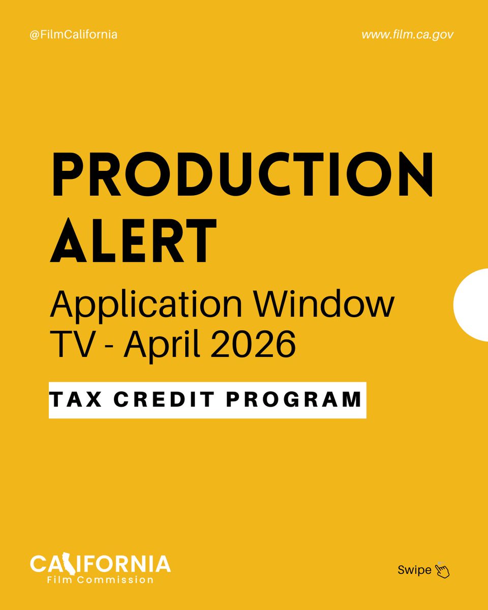 FilmCalifornia's tweet photo. PRODUCTION ALERT: Tax Credit Application Window - TV Projects

Application Dates:  April 6-8, 2026
Phase II Dates: April 9-13, 2026
Approval Date: May 18, 2026

Production Alert: https://t.co/61mqwxRsuF

#FilmCalifornia #taxcredits #jobs #castandcrew #television https://t.co/JZgUbgs6et