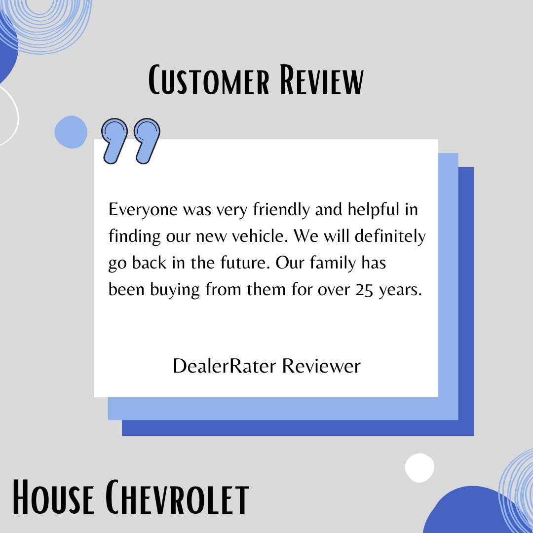 HouseChevy's tweet photo. Thank you for your wonderful feedback! We’re delighted to hear that everyone was friendly and helpful in finding your new vehicle. It’s amazing that your family has trusted us for over 25 years, and we look forward to assisting you again in the future! https://t.co/T7Qs21ff7G