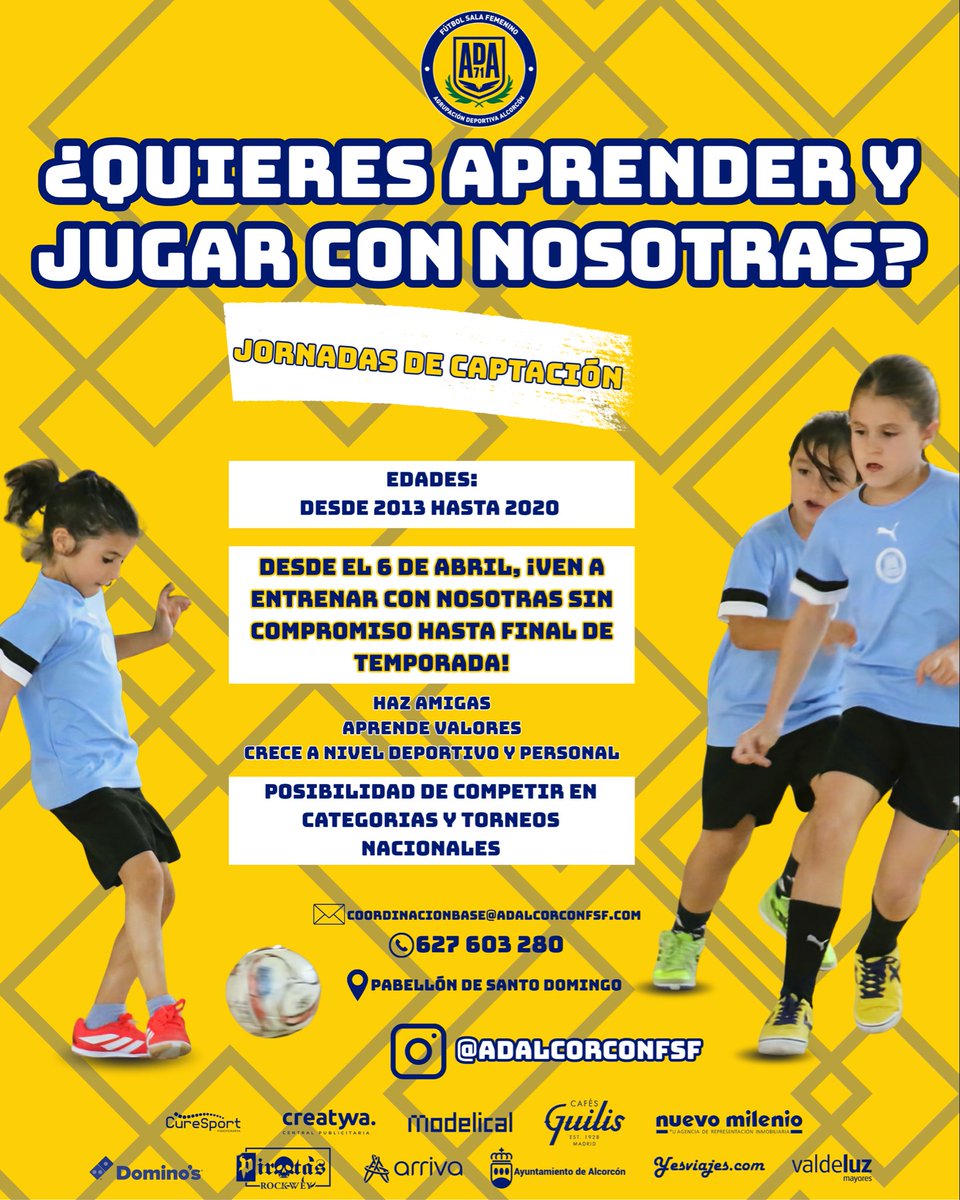ADAlcorconFSF's tweet photo. ⚽💛 ¿Quieres aprender y jugar con nosotras?

Abrimos nuestras Jornadas de Captación para todas las peques con ganas de divertirse, hacer amigas y crecer dentro y fuera de la pista 🙌

📅 Desde el 6 de abril
👧 Edades: nacidas entre 2013 y 2020
📍 Pabellón de Santo Domingo https://t.co/hm1HFX8WuS
