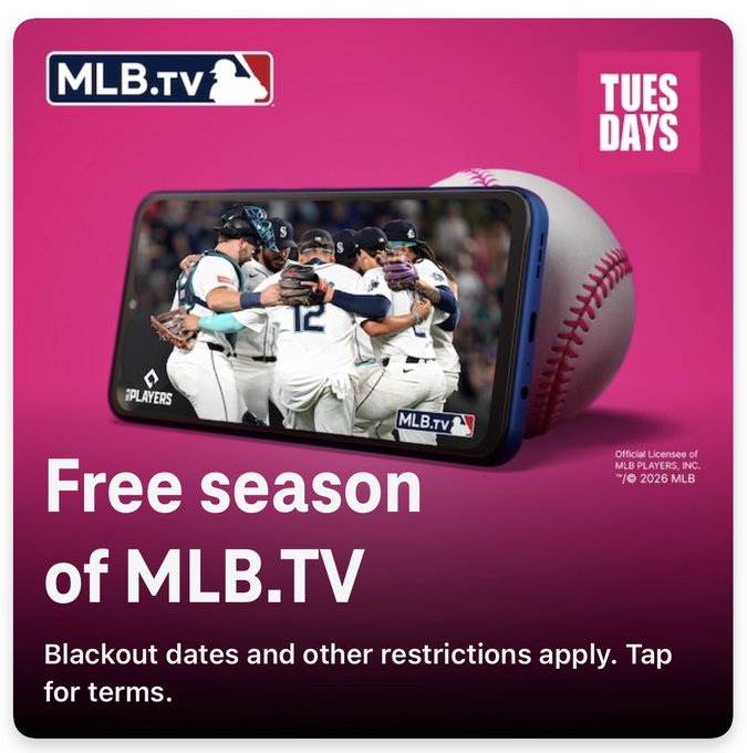 HungryScribbler's tweet image. My favorite time of year! 

Today thru the 31st get MLB.TV free if you have T-Mobile! 

Go to the T-Life app and activate it.  I look forward to this every year!

That's a $150 gift for Baseball fans!

Let me know if you get it!

#TMobile