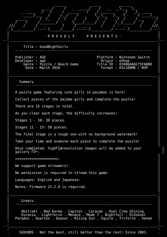 switch_predb's tweet photo. New Release by SUXXORS!

GoodNightGirls_NSW-SUXXORS [01006AA0275FA000][B9529150]
Size: 259.61 MiB

View on Tinfoil: https://t.co/iArZIQaNu1
View on eShop: https://t.co/HzbYLFlDvi https://t.co/rYD0fjzPJe
