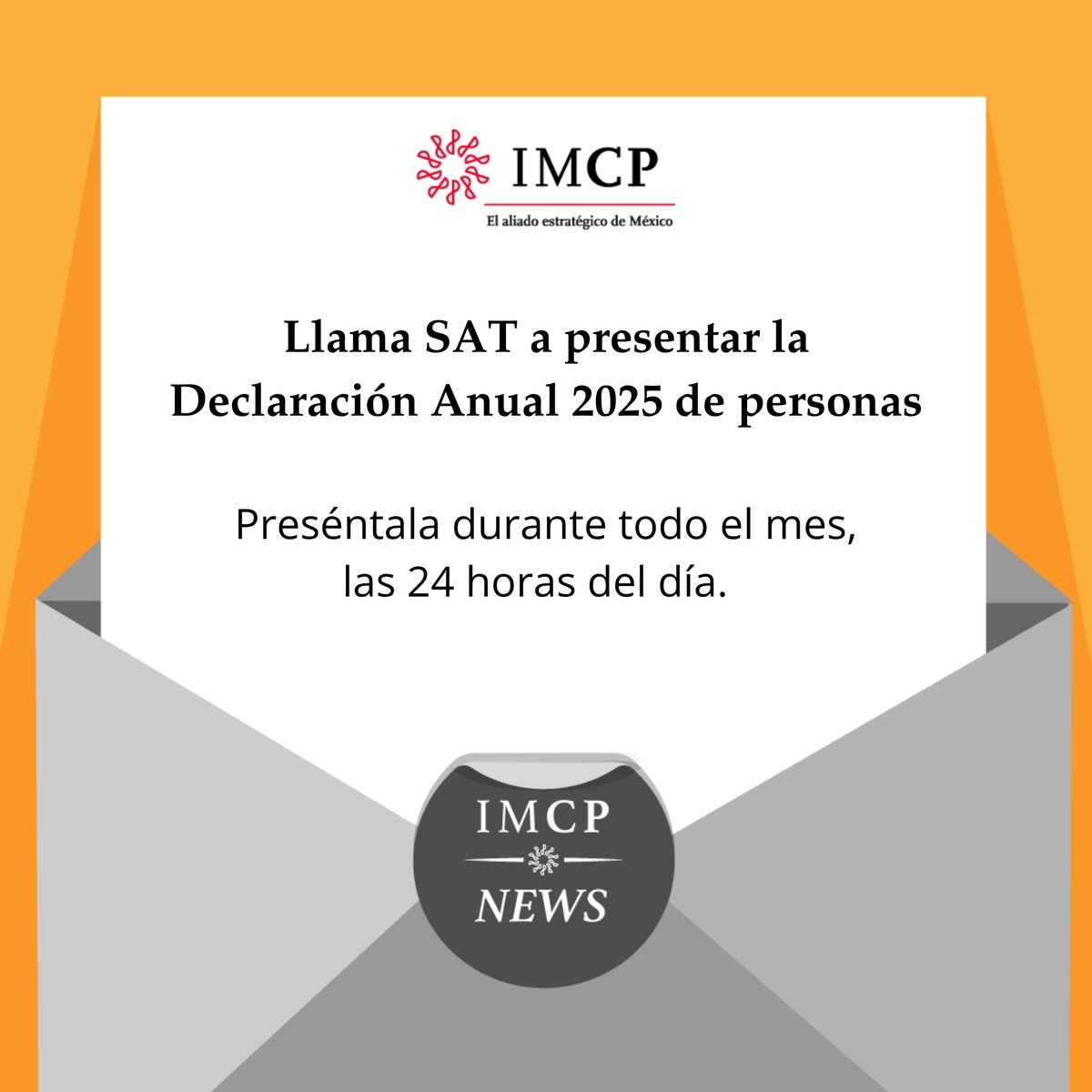 IMCP's tweet image. El #SAT llama a presentar la #DeclaraciónAnual #2025. Conoce toda la información en el siguiente enlace: ow.ly/Vcbf50YyEyh

#contribuyentes #SATMéxico