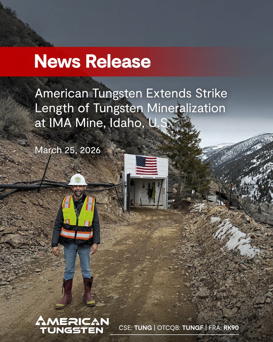$TUNG's initial drill results from the second drill station on the D-Level of the IMA Mine in Idaho further reinforce the continuity and scale of the tungsten-silver vein system.

Discover the results: ordnl.link/6paB7CF 

🇨🇦 #CSE: $TUNG.C | 🇺🇸 #OTCQB: $TUNGF | 🇩🇪 #FRA:
