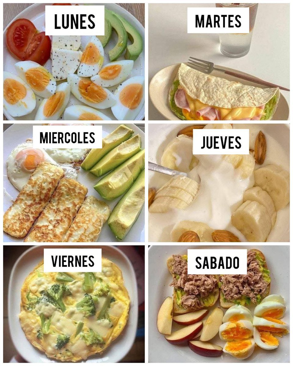 Desayunos saludables para tu semana

Lunes
-huevo cocido
-queso
-aguacate

Martes
-Quesadilla de queso y aguacate

Miercoles 
-Huevo estrellado
-Queso asado
-Aguacate

Jueves
-Yogur griego 15g de proteina
-Fruta
-Almendras

Viernes 
-Omelette de brócoli

Sabado
-Pan con aguacate