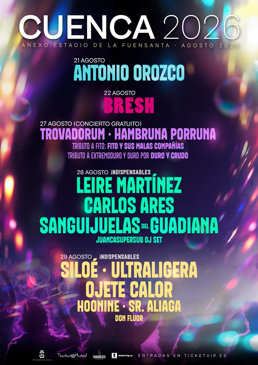 aytocuenca's tweet photo. Se celebrarán del 21 al 29 de agosto en el recinto municipal de conciertos y las entradas saldrán a la venta en ticketvip este viernes 27 de marzo a partir de las 12:00 horas. También actuarán Juancarsupersub DJ, Hoonine, Sr. Aliaga y Don Fluor, y un festival de tributos gratuito https://t.co/osfsYh61si
