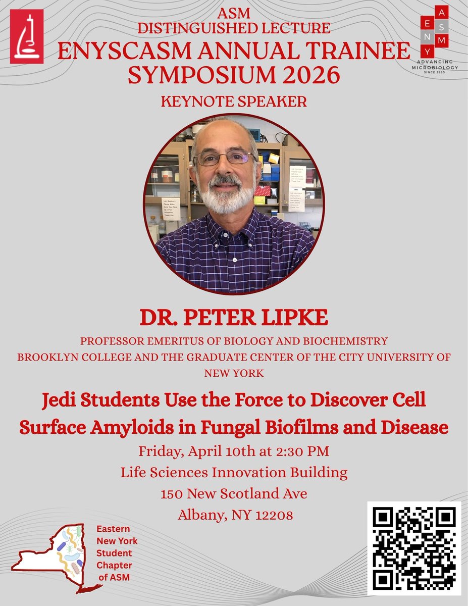 asm_eny's tweet photo. We are excited to highlight our ASM Distinguished Lecture, which will be delivered by Dr. Peter Lipke on “Jedi Students Use the Force to Discover Cell Surface Amyloids in Fungal Biofilms and Disease” at our ENYSCASM Symposium. We look forward to seeing everyone. Register to join! https://t.co/2sqAzgvShJ