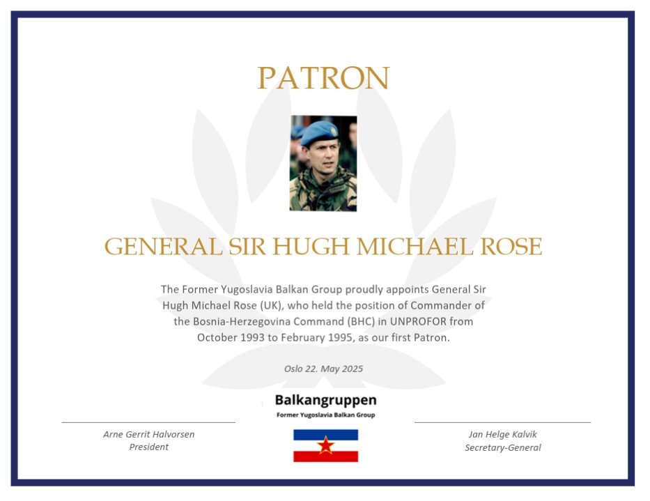 JanKalvik's tweet photo. We are humble proud to inform that General Sir Hugh Michael Rose was unanimously elected as Patron of the Former Yugoslavia Balkan Group during our 2025 Annual Meeting. https://t.co/zV7E9r4ZY6 https://t.co/ProWbkCtxG
