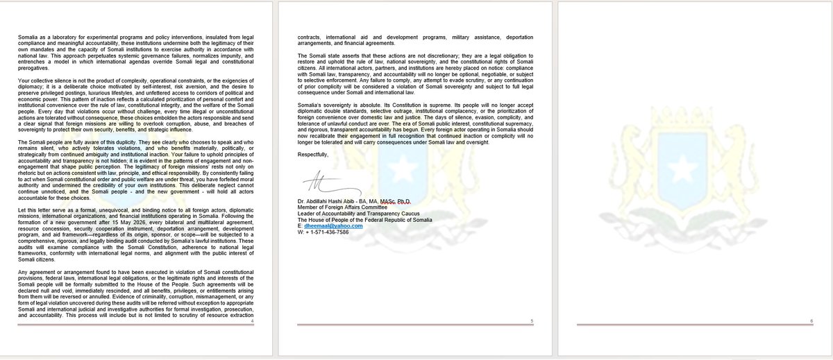 Ref: GSH/XX/CXA/INT_Som_84  Date: 26/03/2026

To: All Ambassadors and Heads of International Missions to the Federal Republic of Somalia

Subject: Final Notice - End of Diplomatic Evasion, Complicity, Silence, and Violations of Somali Sovereignty, Constitutional Order, and Public