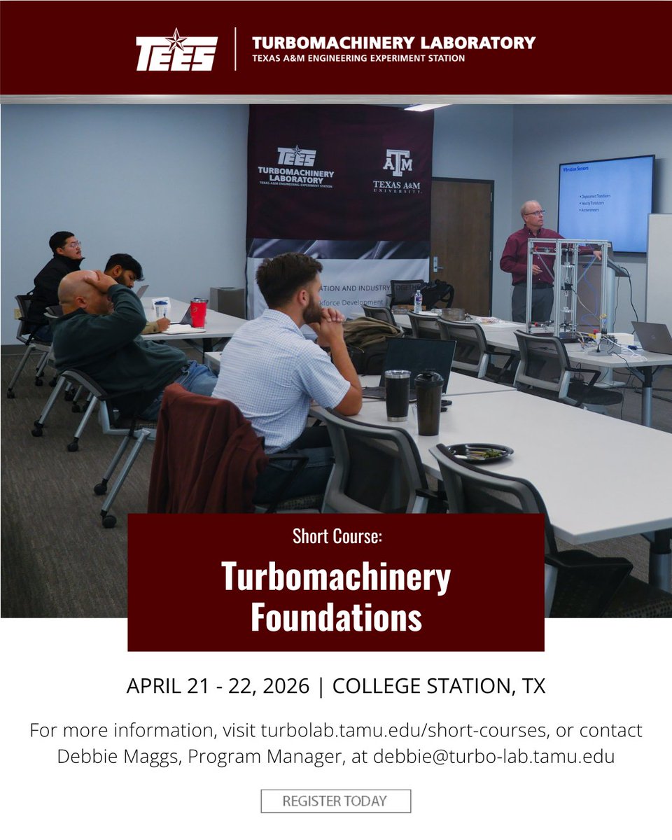 TurboLabTEES's tweet photo. Registration is now open for our new Turbomachinery Foundations Short Course! Attendees will explore theoretical topics on the foundations of turbomachinery as well as the application of said topics in the real world.

To register, visit https://t.co/WkifIMzMRH

#TEESTurboLab https://t.co/HWzJrBIgyV