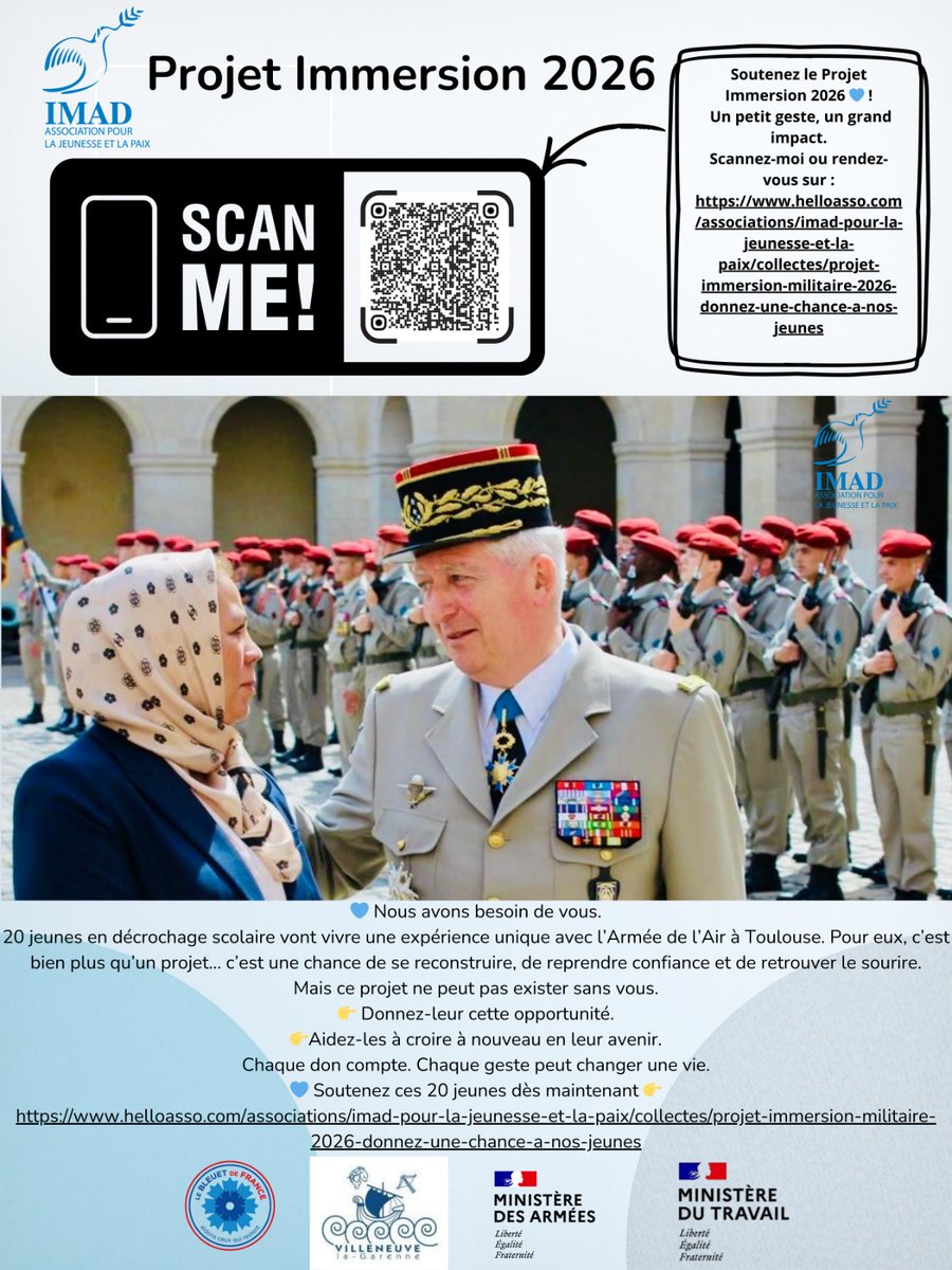 Aujourd’hui, nous faisons appel à votre cœur 🇫🇷

Avec Madame Ibn Ziaten Latifa, nous portons un projet qui peut réellement changer des vies : offrir à 20 jeunes une immersion militaire au 1er RTP à Toulouse 🇫🇷, au sein de l’armée de l’air.

Pour certains de ces jeunes, cette