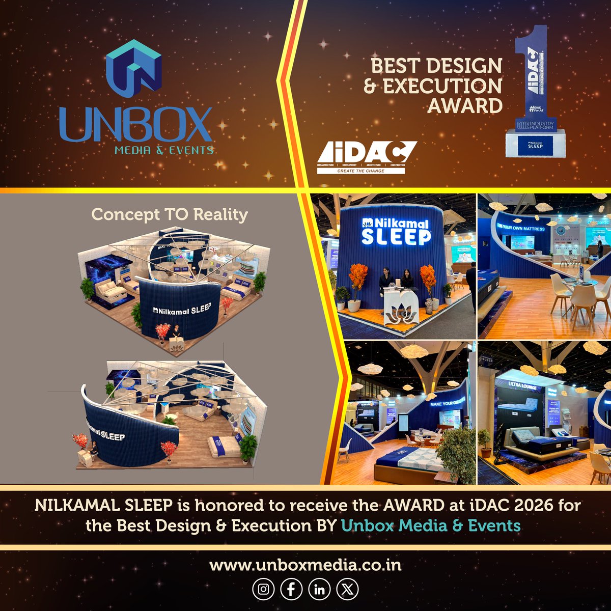 mediaunbox's tweet photo. We’re proud to share that our client Nilkamal Limited has been honored with the Best Exhibition Design &amp; Execution Award 🏆 
at iDAC Exhibition 2026 executed by UNBOX MEDIA &amp; EVENTS. 

#AwardWinning #ExhibitionDesign #CreativeExcellence #unboxmediaandevents #teamunbox https://t.co/5SwP6sMoFC