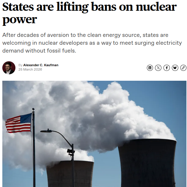 An informative article about US state nuclear construction moratoria, their history (in each state) and states' efforts to repeal their bans.  Article link in reply.

The four Red states that had moratoria (Wisconsin, Kentucky, West Virginia, and Montana have fully repealed their