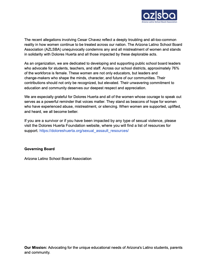 Statement from our Governing Board on the latest news regarding Cesar Chavez.