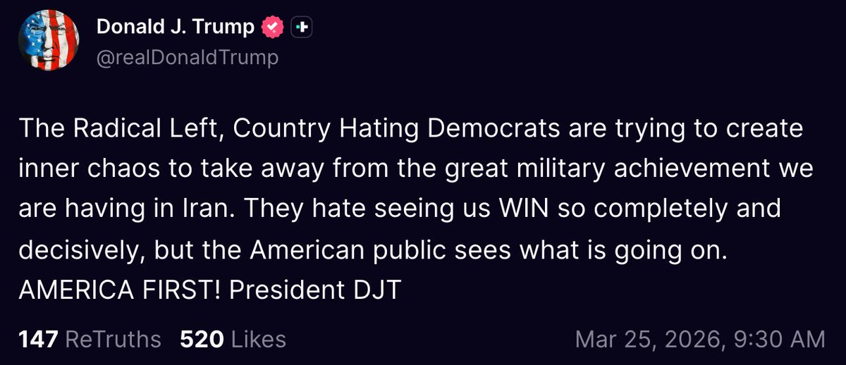 faststocknewss's tweet photo. brother is on one today lol

Trump: The Radical Left, Country Hating Democrats are trying to create inner chaos to take away from the great military achievement we are having in Iran. They hate seeing us WIN so completely and decisively, but the American public sees what is going on. AMERICA FIRST! President DJT
