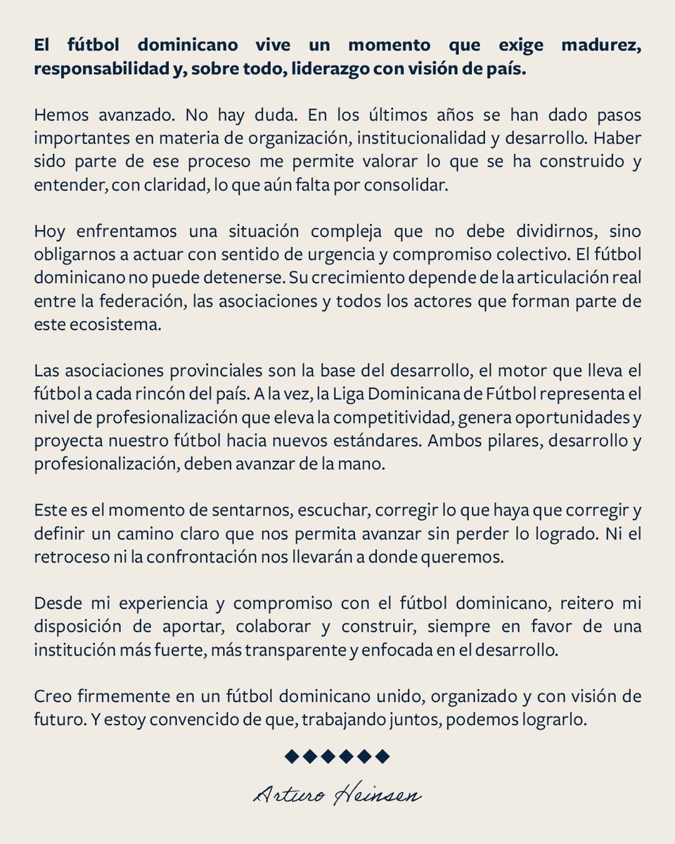 Comparto esta reflexión sobre el momento actual del fútbol dominicano.

Creo firmemente que este es un tiempo para la unidad, el diálogo y la construcción colectiva.

El fútbol dominicano nos necesita a todos.