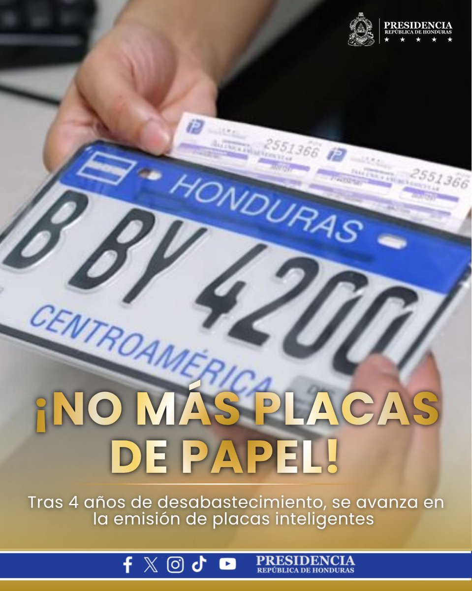 𝗛𝗼𝗻𝗱𝘂𝗿𝗮𝘀 𝗿𝗲𝘁𝗼𝗺𝗮 𝗹𝗮 𝗲𝗺𝗶𝘀𝗶𝗼́𝗻 𝗱𝗲 𝗽𝗹𝗮𝗰𝗮𝘀 𝘁𝗿𝗮𝘀 𝗺𝗮́𝘀 𝗱𝗲 𝟰 𝗮𝗻̃𝗼𝘀

El Gobierno del presidente Nasry Asfura anunció medidas para fortalecer la seguridad y el orden vehicular, reactivando la emisión de placas a nivel nacional.

La disposición