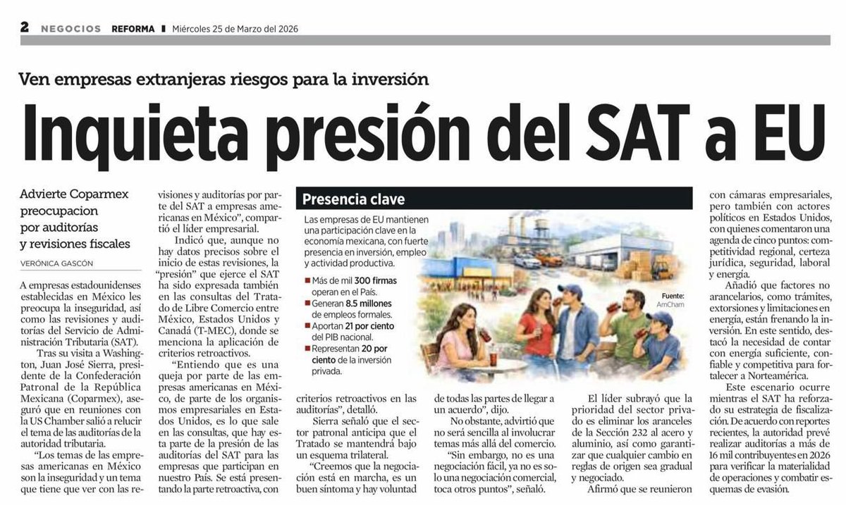 SergioEsquerra's tweet photo. 🚨 Inquieta la presión del SAT a empresas extranjeras.

El SAT está presionando fuerte con auditorías retroactivas y las empresas extranjeras ya lo sienten. Coparmex lo advirtió tras reunirse con la US Chamber: esto genera incertidumbre y frena la inversión.  

Más de 300 compañías europeas (21% del PIB y 8.5M de empleos) están preocupadas.  

¿Buena fiscalización o riesgo para el nearshoring?