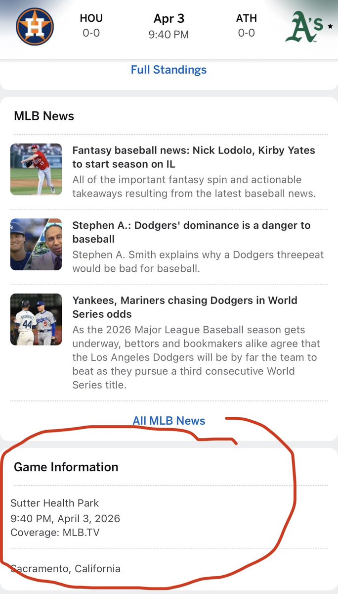 PhilFromChico's tweet photo. @espn why are the @Athletics the only team in your app with no picture of the ball park they’re currently playing in? Stop hating. https://t.co/2BoxRb0xga