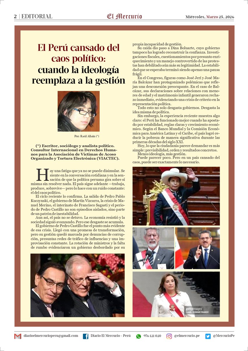 RaulAllain's tweet photo. Editorial

El Perú cansado del caos político: cuando la ideología reemplaza a la gestión
El Mercurio, 25.03.2026 https://t.co/ZSMNQtjM4O