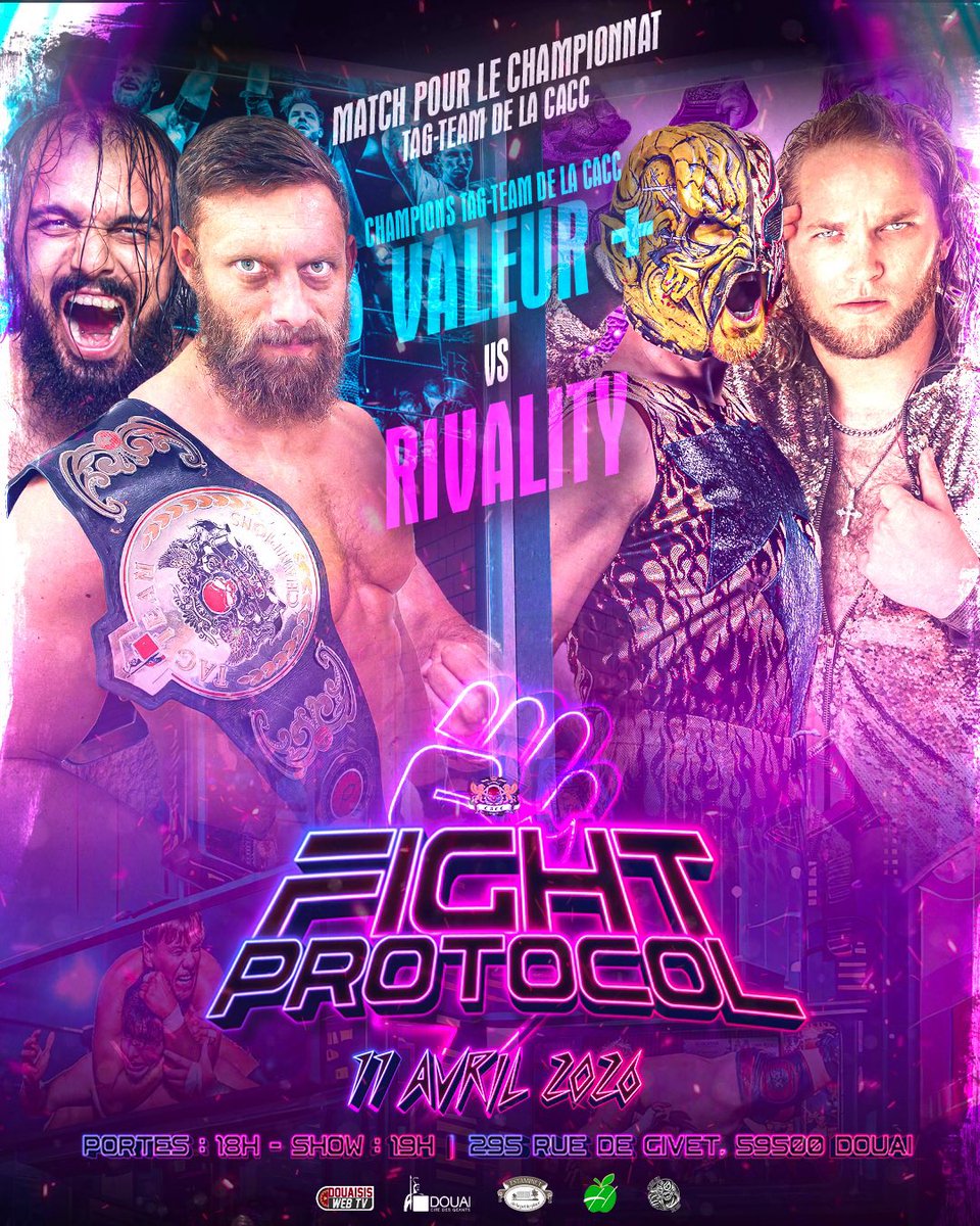 🟣 FIGHT_PROTOCOL 🟣

Le quatrième match de FIGHT_PROTOCOL sera un match pour les titres Tag Team de la CACC 🏆🏆

Qui remportera ce match ? Les champions actuels ou les anciens champions ?

Réponse le 11 avril ‼️

🎟️ Billetterie :
my.weezevent.com/cacc-fight_pro…