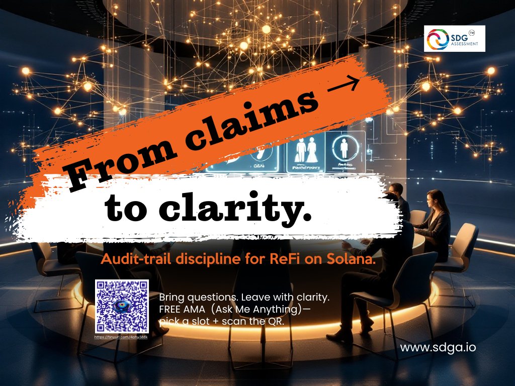 SDGAToken's tweet photo. Think of SDG Assessment like a “sustainability audit trail”

It’s not about perfection—it’s about assurance and transparency. SDGA token builds that discipline into ReFi on solana

Join the live discussion — select a date/time: https://t.co/bdjmVDSXRi

#SDGAToken #Accountability https://t.co/R85kS8aNxb