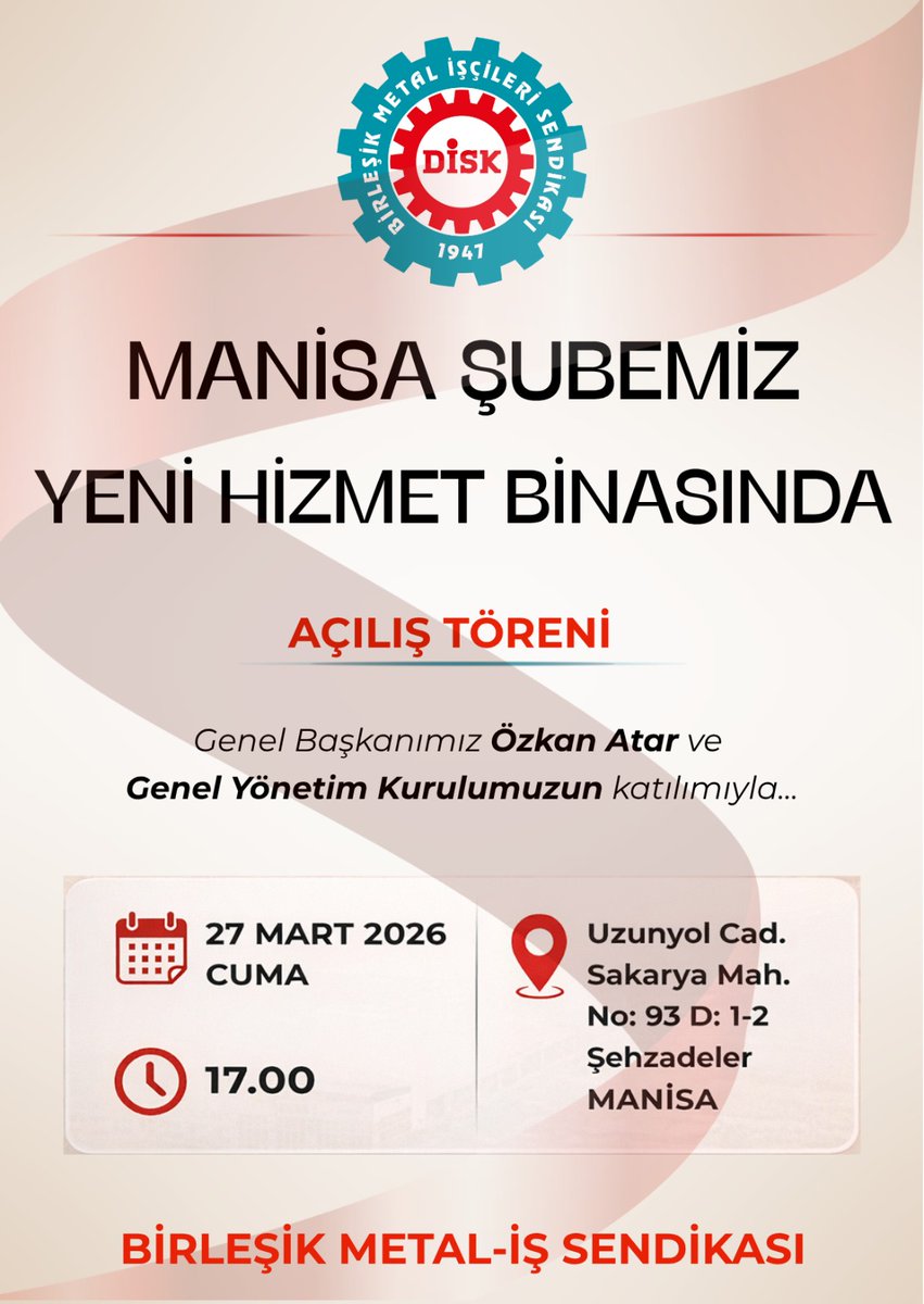 🔴Manisa Şubemiz yeni hizmet binasında...

Sendikamızın Genel Başkanı Özkan Atar ve Genel Yönetim Kurulumuzun da katılacağı açılış törenine tüm üyelerimizi ve dostlarımızı bekliyoruz.

🗓️27 Mart 2026 Cuma
⏰17.00
📍Birleşik Metal-İş Sendikası Manisa Şubesi
(Adres: Uzunyol Cad.