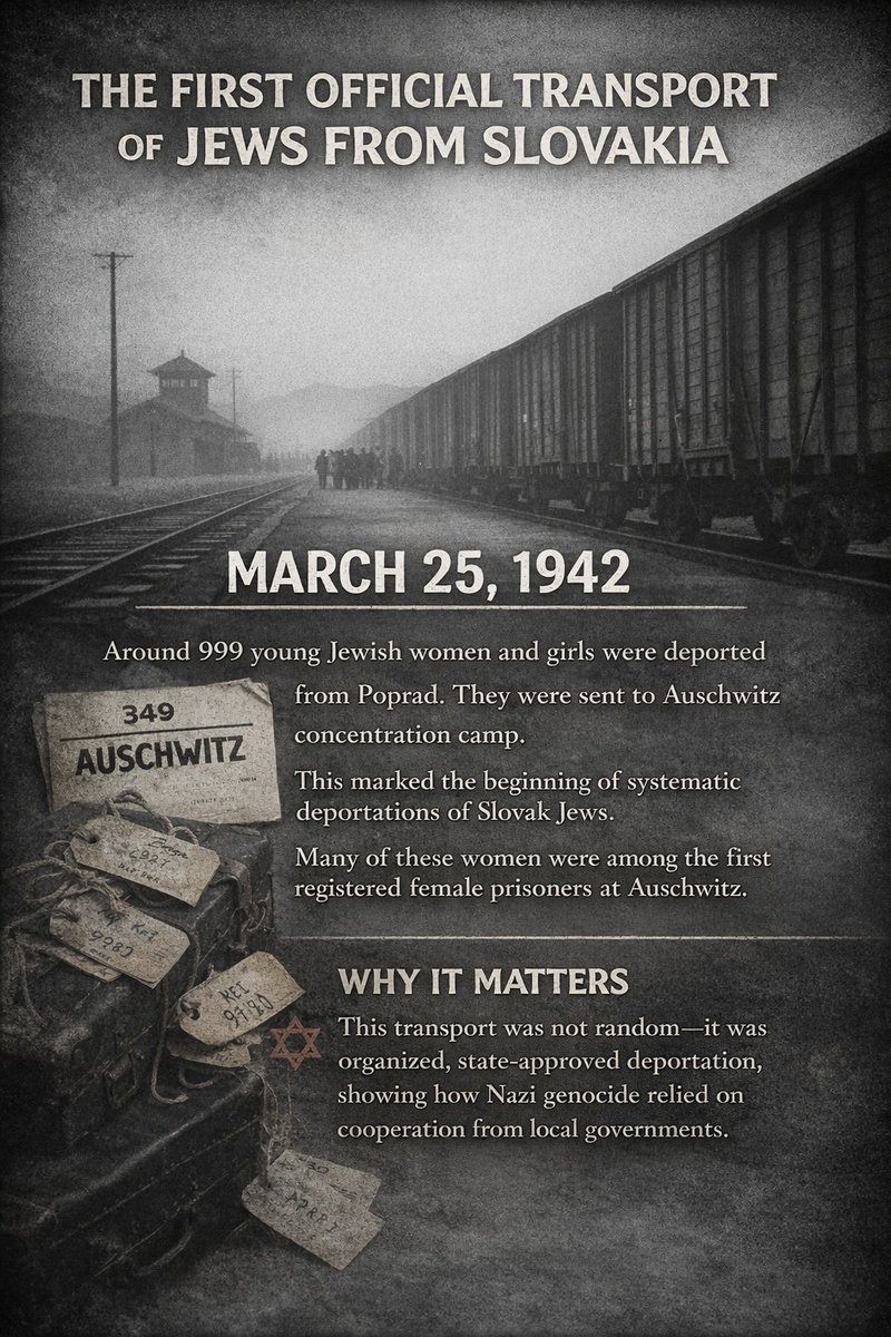 BenitahLeslie's tweet photo. March 25, 1942.

999 young women and girls.

One train. One destination.

They were told they were going to work.

Instead, they became some of the first women imprisoned in Auschwitz.

This was not chaos.

This was not random.

This was organized. Approved. Systematic.

The beginning of deportations from Slovakia—and a blueprint for what would follow across Europe.

Genocide does not begin with violence alone.

It begins with policy.

With coordination.

With permission.

They were the first—

but not the last.

https://t.co/hr5p9g3arc